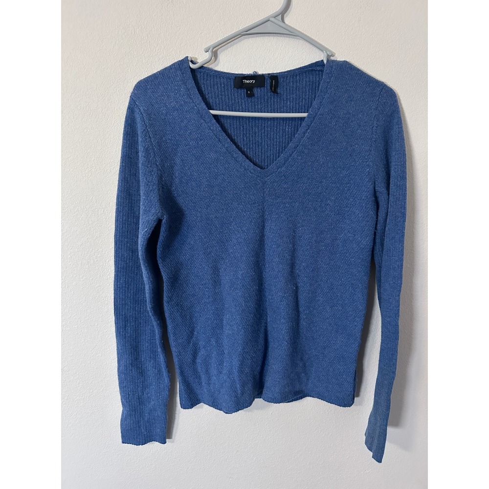 Theory V-Neck Sweater Small Blue Excellent Fine Merino Regal Wool Ribbed Knit